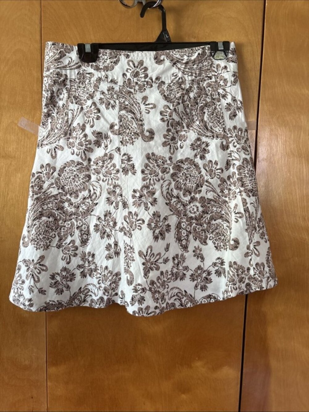 Merona Linen Knee Length Skirt A Line Floral Brown & White Size 2 Lined side Zip